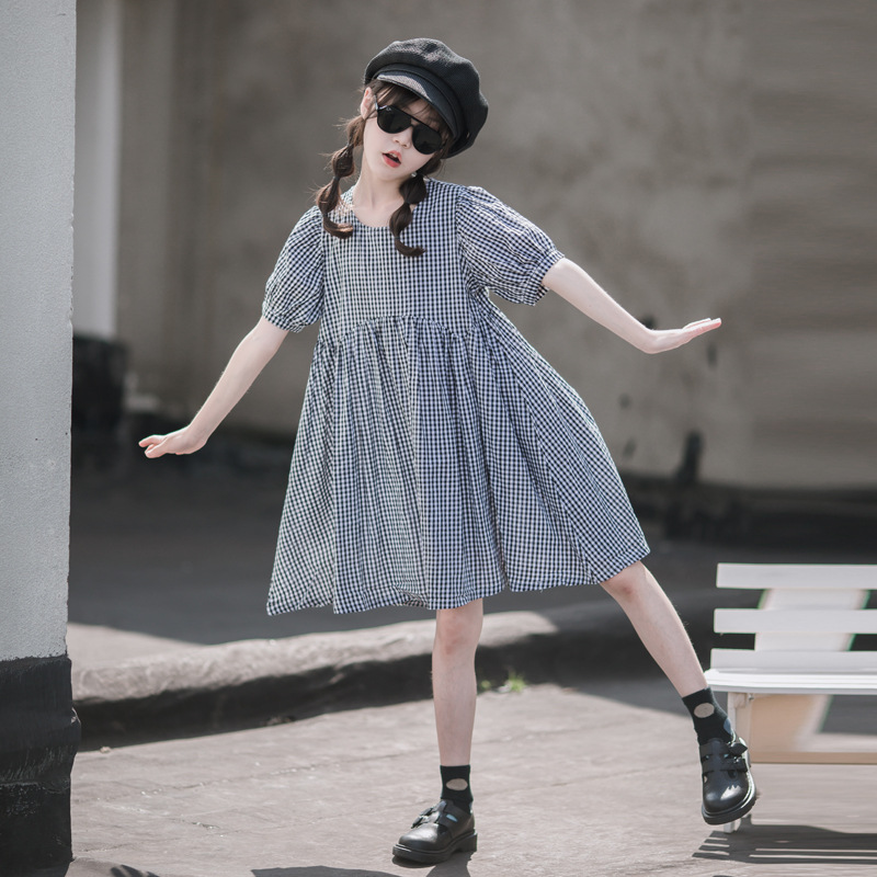 Vestido de Niña, Estilo Veraniego Nuevo 2024, Estilo Británico Moderno, Vestido Personalizado de Algodón a Cuadros para Niñas Grandes