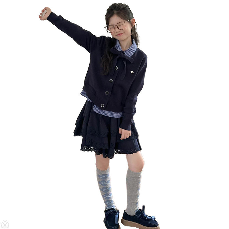 女童2025秋季新品学院风毛衣衬衫半身裙三件套中大童春秋针织|undefined