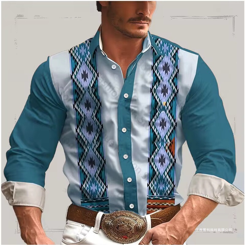 Men's Shirt with Western Tribal High-Definition Print Pattern, Vintage Geometric Cuffs, Long Sleeves, Butt Design, Casual Soft Top
