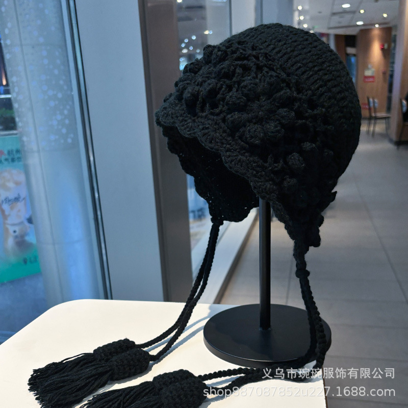 波西米亚风复古手工钩花针织套头帽女秋冬川西旅游保暖护耳毛线帽|undefined