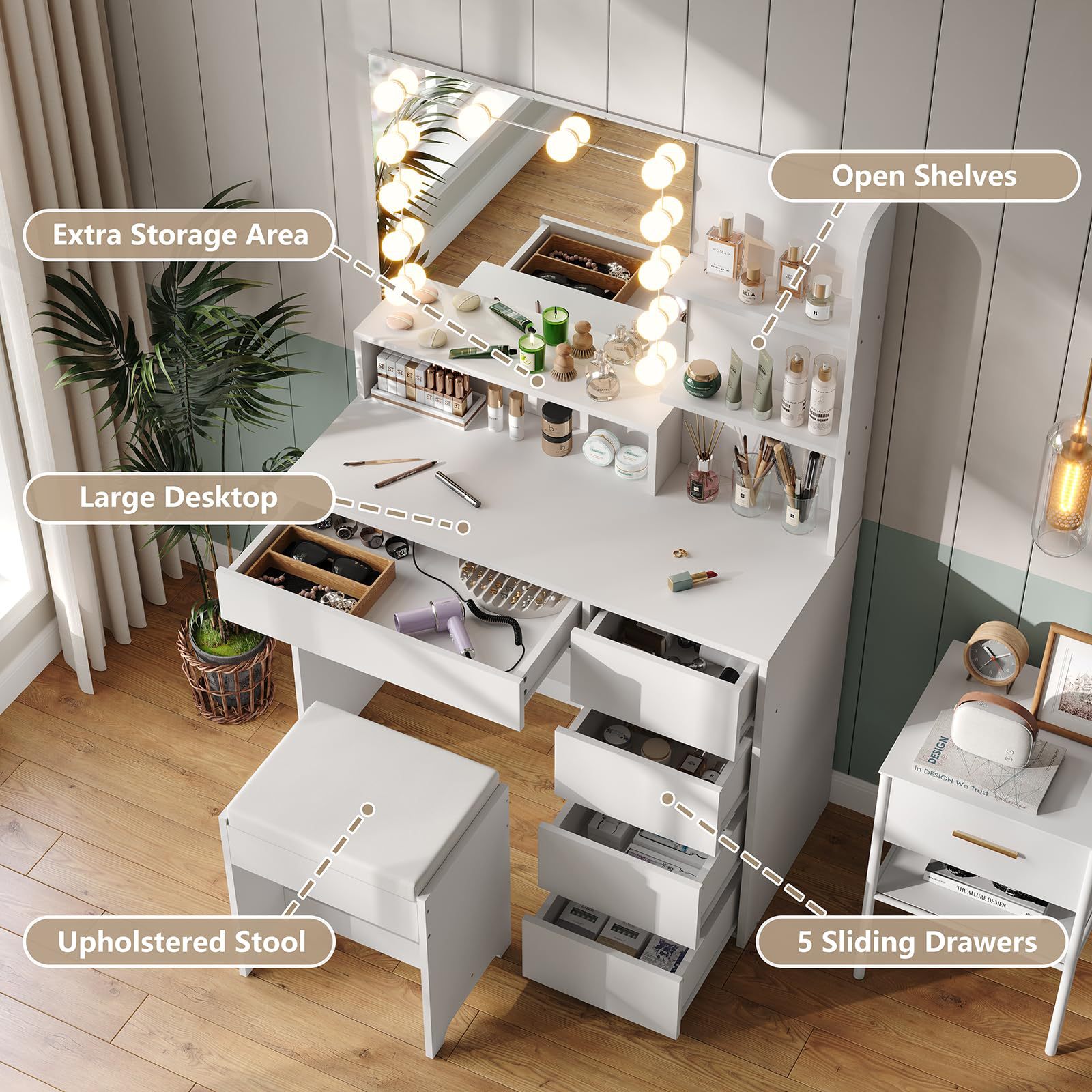 Comercio exterior personalizado comedor con luces y un conjunto de ropa de cama dormitorio armario de maquillaje de gran capacidad