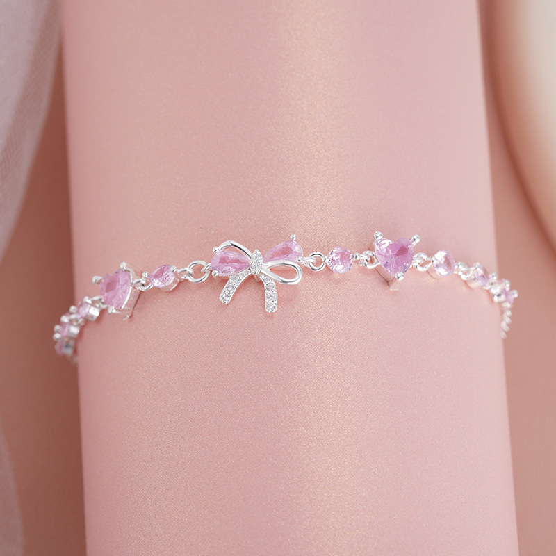 핑크 다이아몬드 리본 하트 팔찌 실버