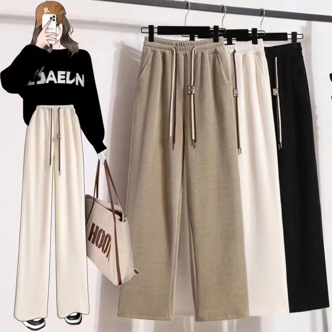 Kapok Fleece Slim Wide Leg Pants Women 25 New Corduroy Casual Pants fleece-lined Slim Smiley Double Belt Straight Leg Pants