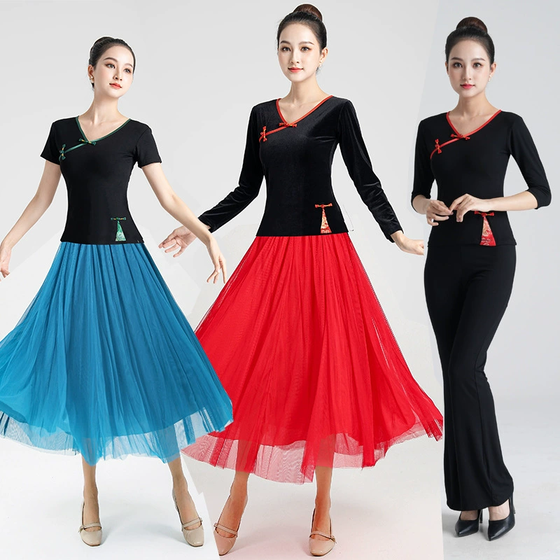 Квадратный танцевальный костюм для тренировки тела, Женская бархатная тренировочная одежда с V-образным вырезом, топ, юбка, расклешенные брюки, приталенный облегающий крой