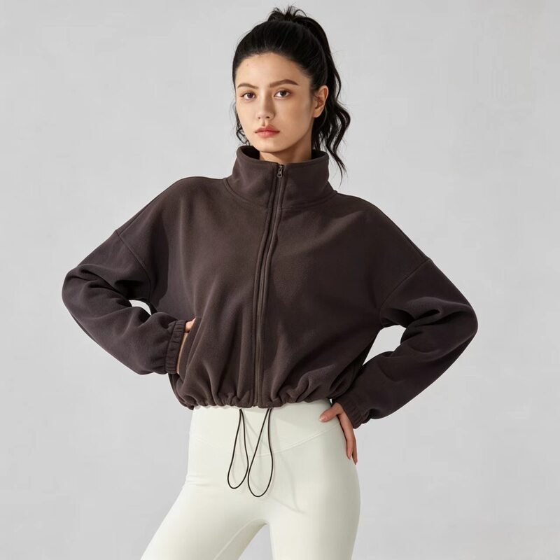 Women's fleece short fitness jacket, autumn and winter, stand-up collar, drawstring waist, loose fit, windproof, sports cardigan, cross-border women's clothing
