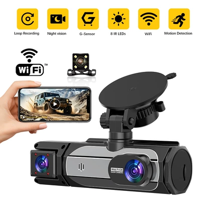 Driving recorder dashcam with simultaneous front - upgraded-version-three-recordings-front-interior-rear-wifi