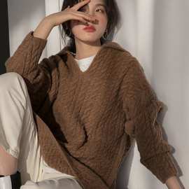 100纯羊毛衫女复古麻花POLO领毛衣宽松慵懒中长针织打底加厚上衣