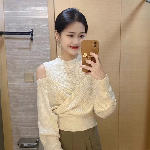 Sweet and Spicy Off-the-Shoulder Knit Sweater for Women - Autumn/Winter Outerwear, Intersecting Irregular Long-Sleeve Cardigan with Stunning Design, Perfect Base Top