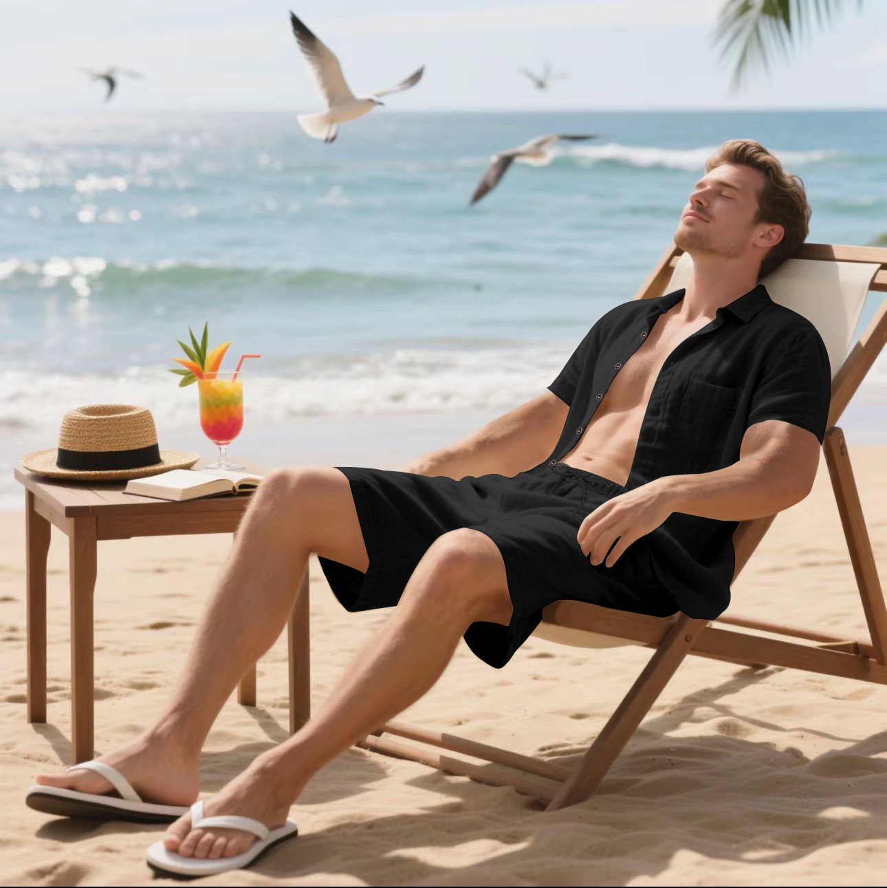 Herren Leinenhemd Mit Shorts Set Sommer Freizeit Strandoutfit_voghion.com