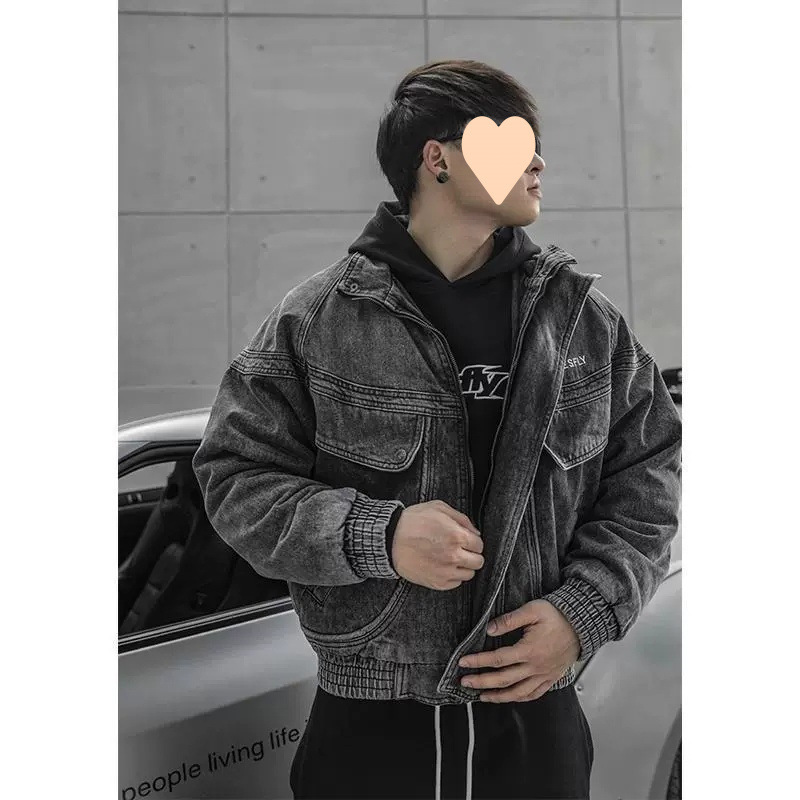 Cross-Border 2025 Autumn and Winter Black Distressed Denim Jacket Sports Cotton Jacket Men's Loose High Street Sports Fitness Outerwear