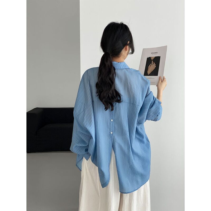 Jeju Evening Breeze Korean-Style Lyocell Long-Sleeve Sun-Protective Shirt for Women, Summer Striped Split Casual Jacket 5115