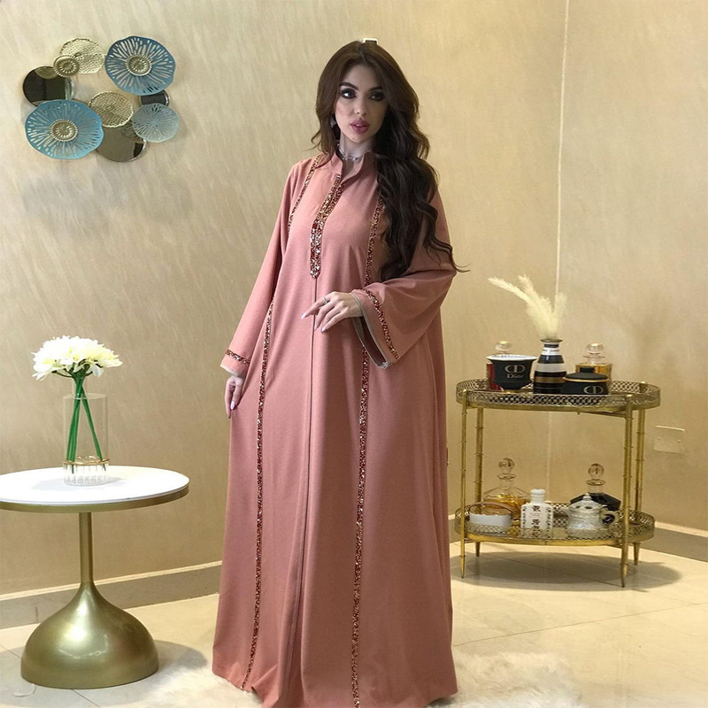Xqy500062 Jalabiya Foreign Trade Rhinestone-Embellished Ribbon Loose Flared Skirt Muslim Robe for Women