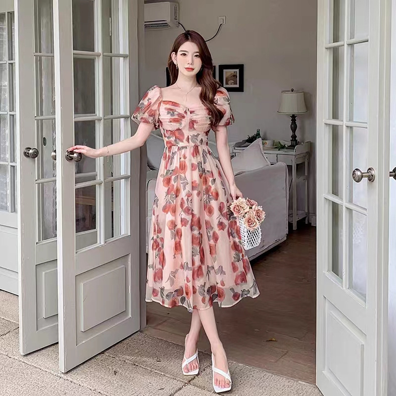 High-end Beautiful Pink Floral Organza Escape Princess Dress Bubble Sleeve Ruffled Super Fairy dress Children