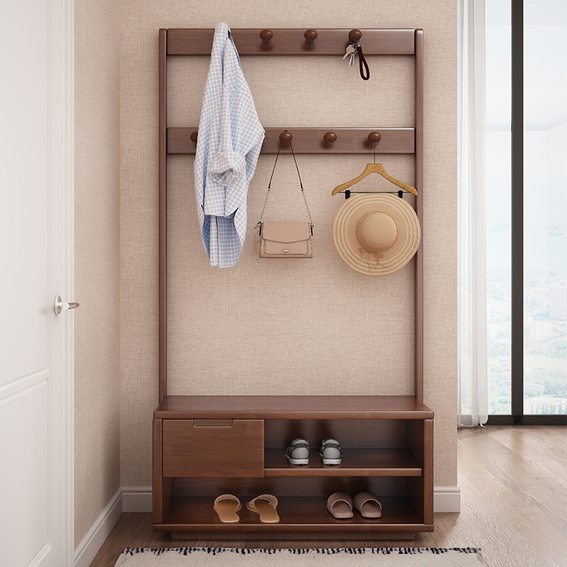 Closet Stand, Wooden Floor Standing Wardrobe Hanger, Nordic INS Living Room Walnut Wood Clothes, New Chinese Style Simple Modern