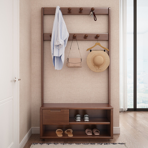 Closet Stand, Wooden Floor Standing Wardrobe Hanger, Nordic INS Living Room Walnut Wood Clothes, New Chinese Style Simple Modern