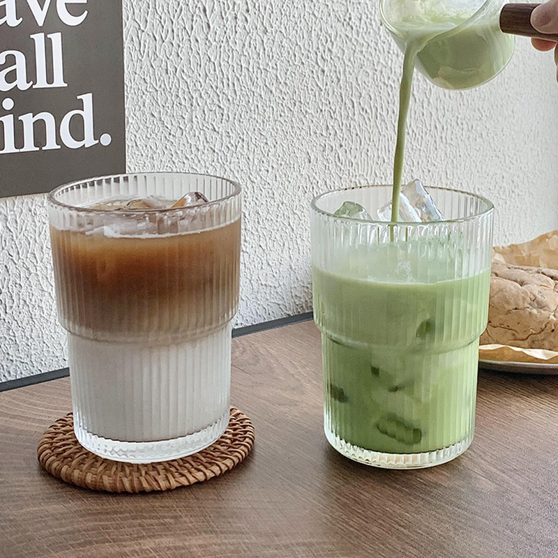 Ins風高颜値ガラスコーヒーカップシンプル縦縞ストローカップ|undefined