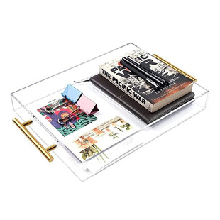 Transparent acrylic tray with golden handle, sturdy large capacity acrylic tray