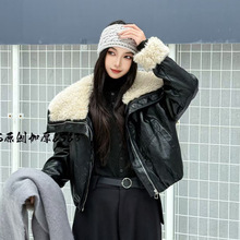 大翻领加绒皮衣短外套女2025秋冬新款保暖时尚酷飒机车PU皮夹克潮
