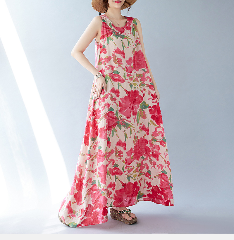 Real Shot Of The 2024 Summer New Bohemian Artistic Loose Sleeveless Round-neck Printed Mid-length Dress For Women_ecoleips.com