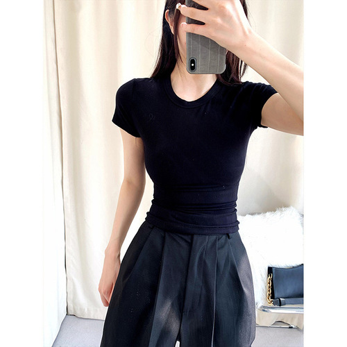 Moses Queen / Magic Queen Crew-Neck Off-Shoulder Short-Sleeve T-Shirt for Women, Slim-Fit, Defined Waistline, Cropped Top – Model 62834