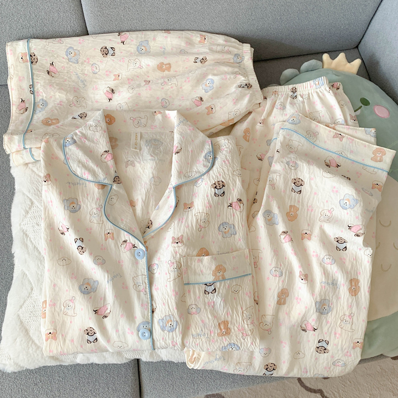 Pijamas de amor dulce de color, pantalones de manga corta de hilo de algodón de nube de verano para mujer, cárdigan de tres piezas, servicio a domicilio