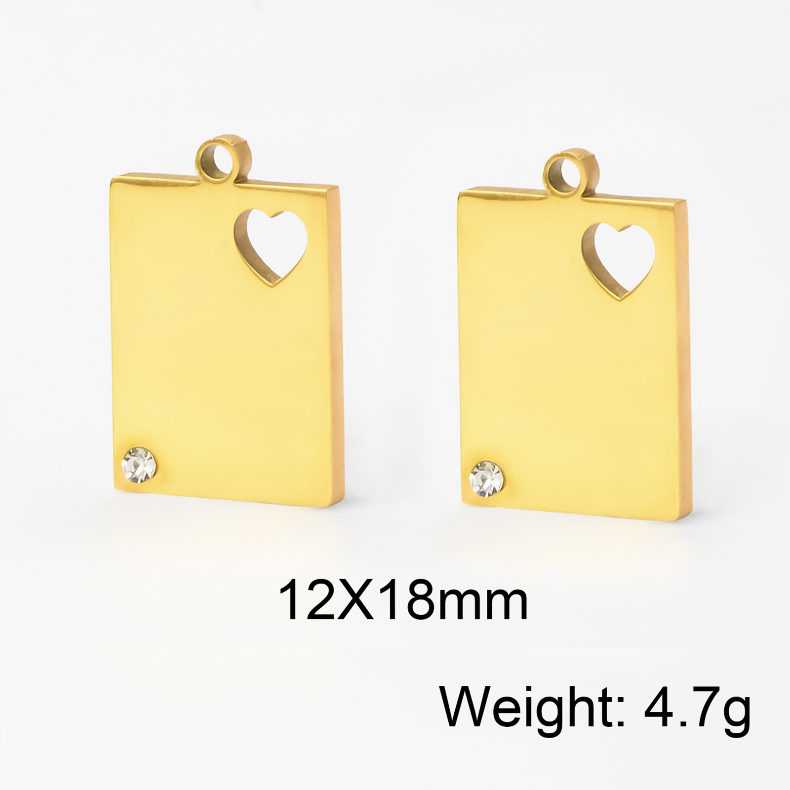 15g Weight PVD Coated Gold Plating Process 5 PCS/Package 12 * 18mm 304 Stainless Steel Zircon Heart Shape Solid Color Rectangle Polished Pendant