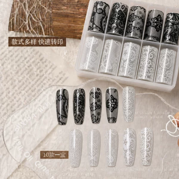 New ins-style high-end black and white lace tortoiseshell large curl nail art transfer paper nail art tool transfer paper