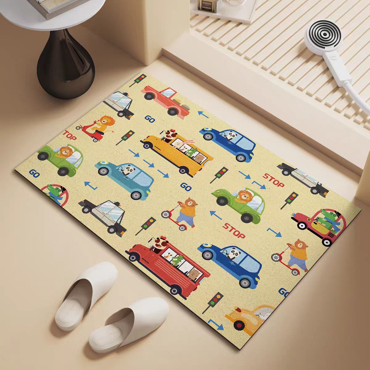 Cartoon Car-Themed Household Bathroom Mat, Water-Absorbent Non-Slip Foot Mat, Diatomaceous Earth Toilet Carpet, Bathroom Entrance Mat
