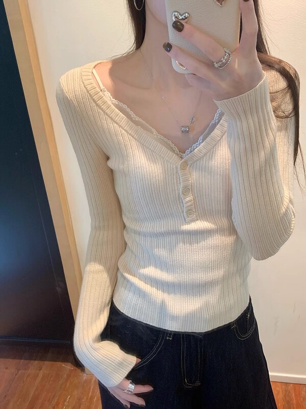 2025春季辣妹别致坑条显瘦打底上衣女早春低领露锁骨内搭针织毛衣|undefined