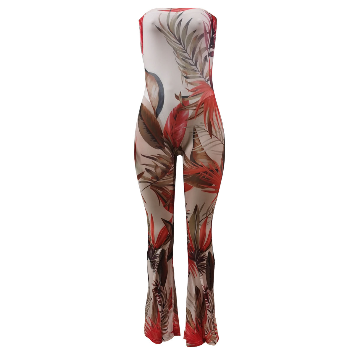 Sexy Wrapped Chest Mesh Printed Jumpsuit NSSJW58842