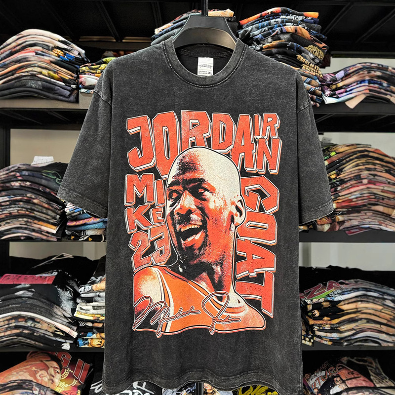 Cross-Border Retro Jordan Mj Trapeze Print Short-Sleeved T-Shirt American High Street Washed Heavy Neckline t