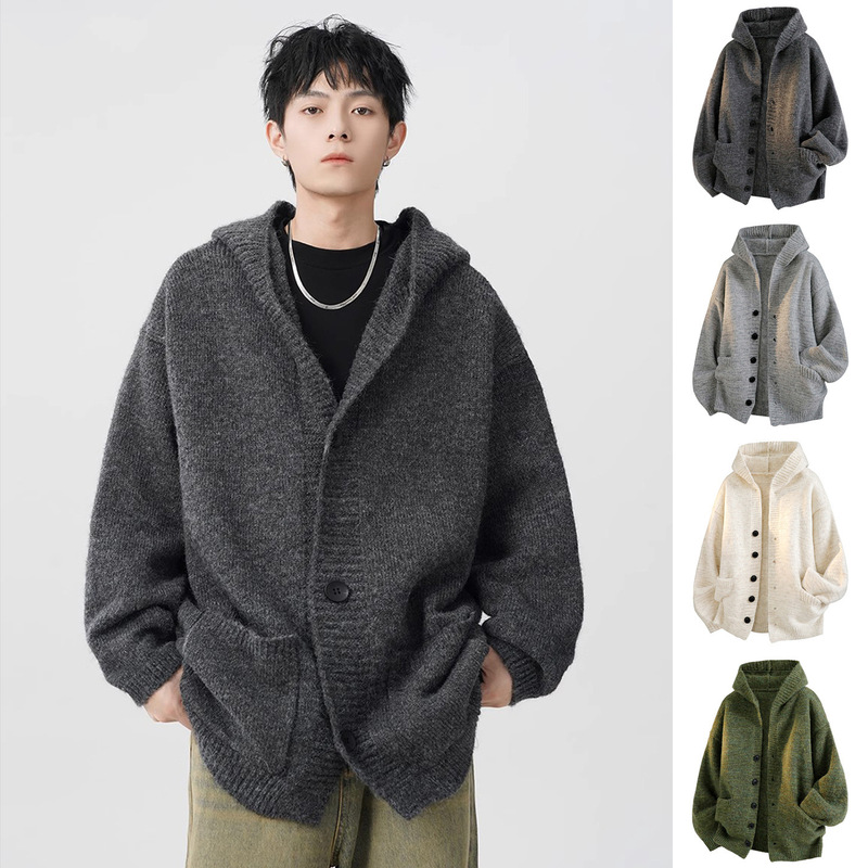 Hooded Cardigan Knitwear Men's Autumn and Winter Outwear Seahorse Hair Lazy Loose Knitwear Foreign Trade Cross-Border Wholesale