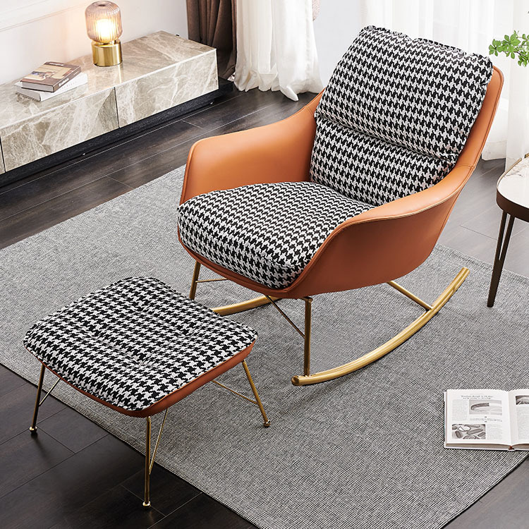 Minimalist modern stainless steel rocking chair, single leather fabric phoenix pattern sofa chair, living room balcony lazy person chair, leisure lying chair