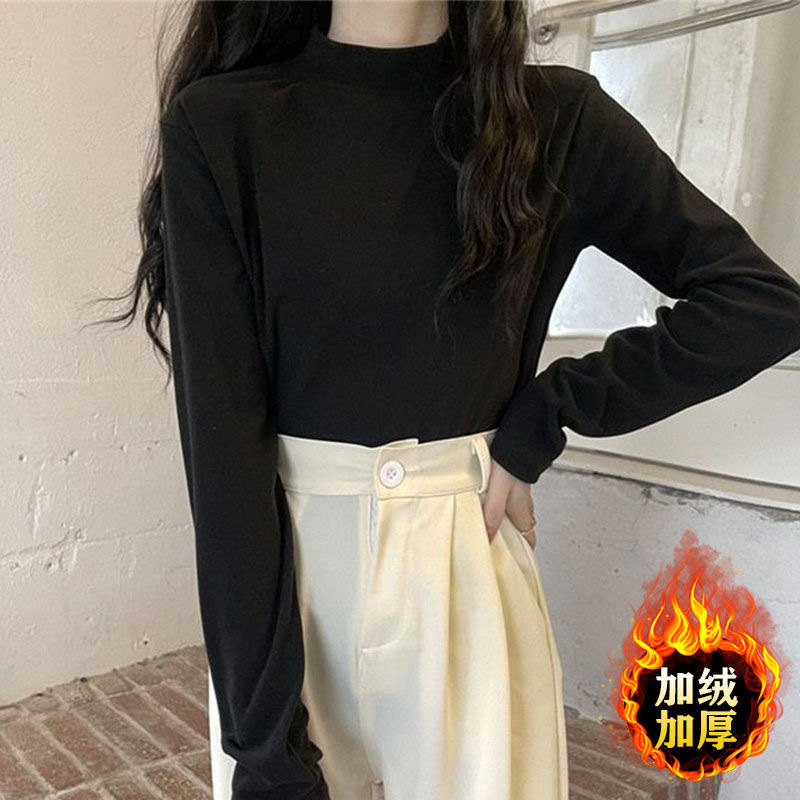 Otoño y invierno nuevo cuello de media altura de camiseta de terciopelo coreana mujer con camiseta de manga larga de terciopelo de doble cara gruesa