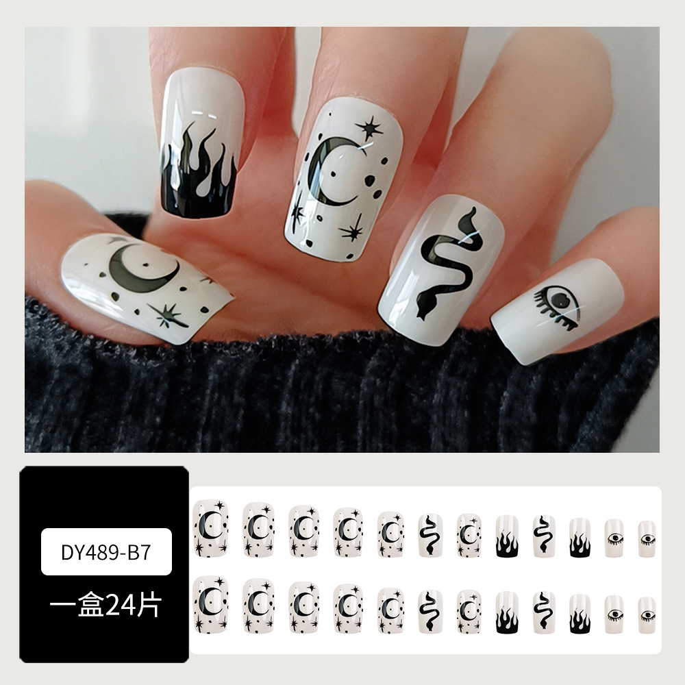 Ventas transfronterizas medianas y largas, cara brillante, uñas, runas de viento oscuro, uñas, 24 piezas, uñas falsas europeas y estadounidenses al por mayor. image 3