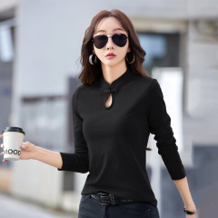 6606 # 春と秋のハーフタートルネック長袖 Tシャツ女性のスリムウォータードロップカラー新中国風国民風綿底シャツドロップシッピング