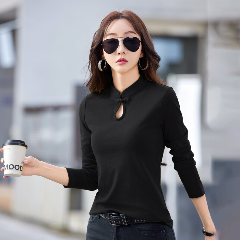 6606 # Spring and Autumn Half Turtle Collar Long Sleeve T-Shirt Women's Slim Water Drop Collar New Chinese Style National Style Cotton Bottoming Shirt Dropshipping