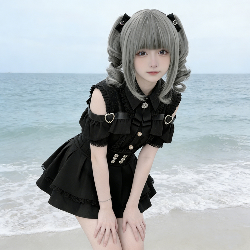 Subculture Sweetheart Encounter Uniform Two-Piece Set: Summer Japanese Style Dark Off-Shoulder Shirt + Skirt Set Subculture Sweetheart Encounter Uniform Two-Piece Set: Summer Japanese Style Dark Off-Shoulder Shirt + Skirt Set