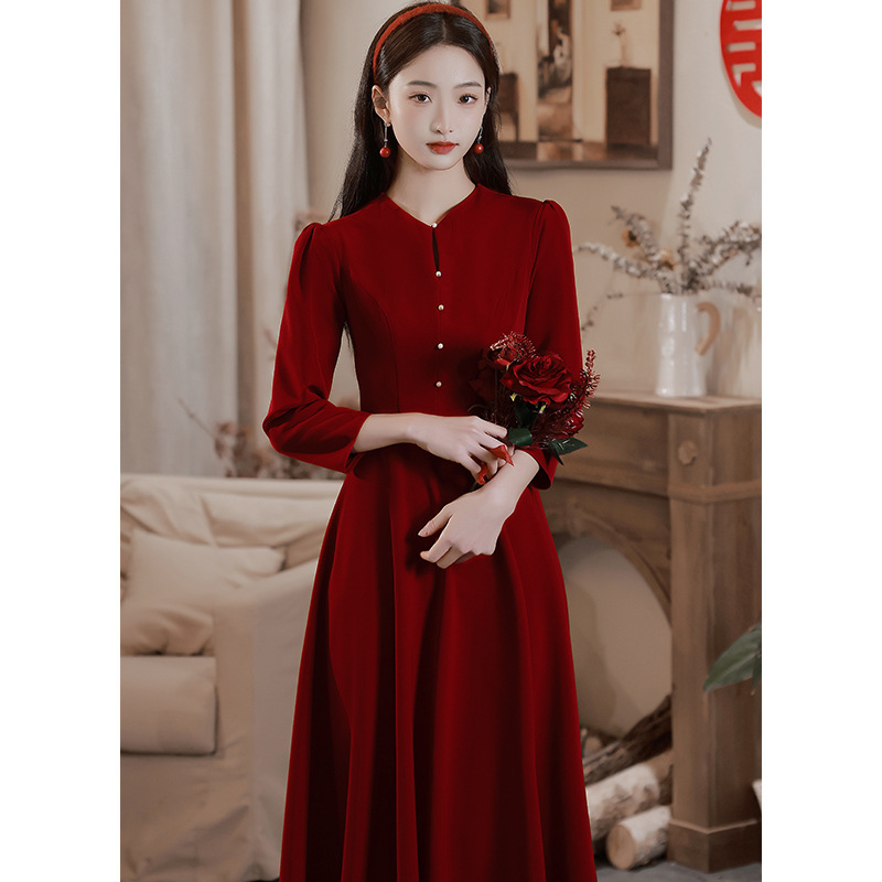 Toast dress bride 2024 new wine red engagement dress dress long sleeve can be worn at ordinary times high sense back door