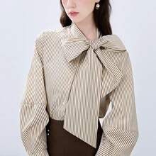 跨境女装2026夏季新款 欧美风时尚百搭蝴蝶结饰条纹衬衫