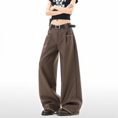 老钱风明线收褶西裤女男秋季高级简约阔腿休闲裤垂感显瘦拖地裤子