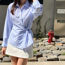 韩国chic春秋2024新款设计感绑带条纹衬衫女衬衣
