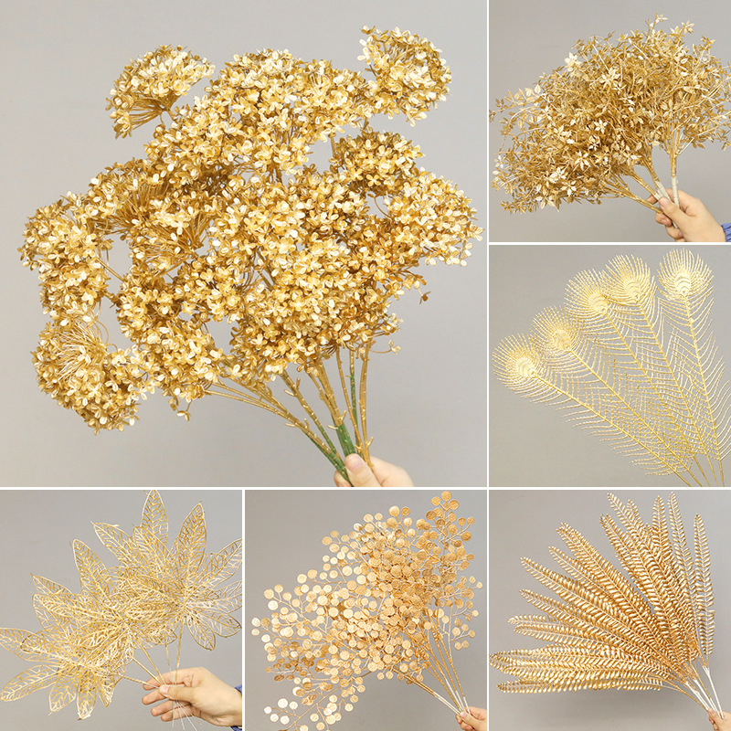 Golden Artificial Flowers, Golden Eucalyptus Ginkgo Leaves, New Year's Eve Flowers, Golden Leaves, Fortune Fruit, New Year Ornaments, Small Red Fruits Golden Artificial Flowers, Golden Eucalyptus Ginkgo Leaves, New Year's Eve Flowers, Golden Leaves, Fortune Fruit, New Year Ornaments, Small Red Fruits