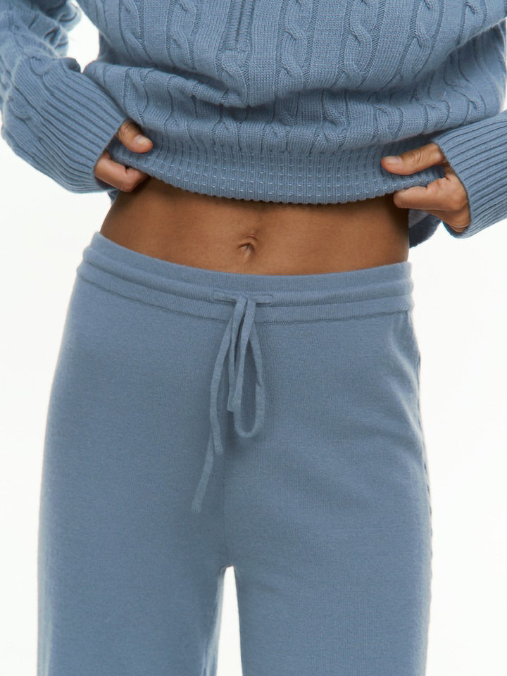 Bộ áo len cardigan khóa kéo dáng ôm tay dài và quần ống đứng — Màu be, Màu xanh dương, màu xám chi tiết 9