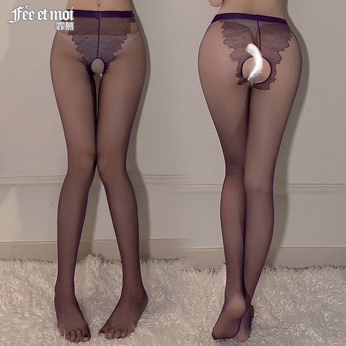 Feimu sexy lingerie women's sexy transparent bikini core-spun silk thin crotchless pantyhose stockings 7304