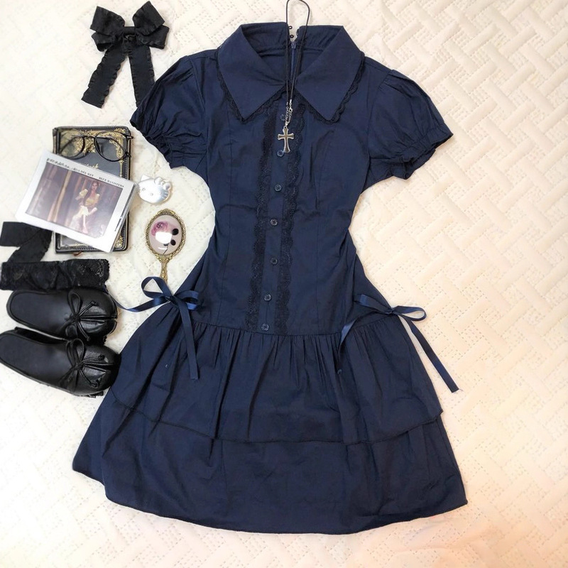 Retro Outfit with College-Style Lace Trim and Blue Vintage Shirt Dress, Vintage-Style Short Skirt