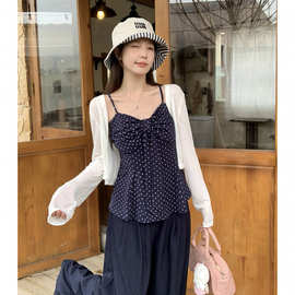 2025秋装新款胖mm大码女波点蝴蝶结抹胸吊带针织开衫上衣套装