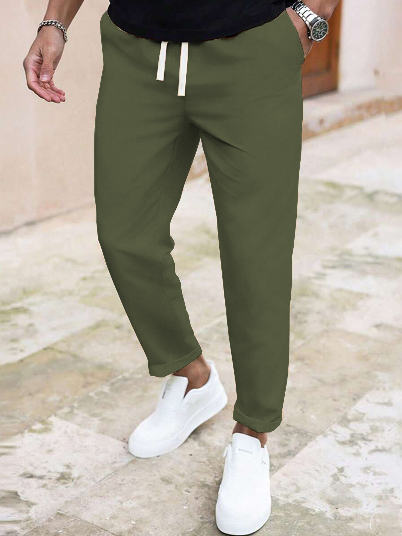 ​​"Men's Slim Fit Casual Pants - Solid Color Drawstring Waist, Lightweight Polyester For Everyday Comfort & Street Style"​​_viptrois.com