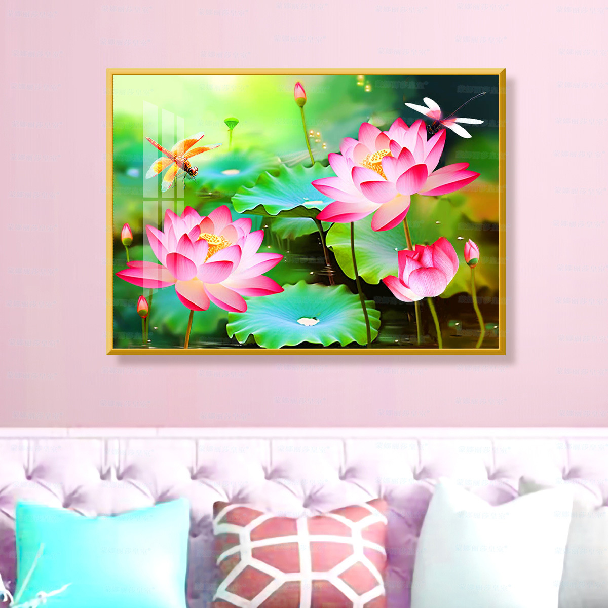 [Algodón importado] Mona Lisa Royal Pavilion de bordado cruzado, fresco Lotus Living Room Decoration