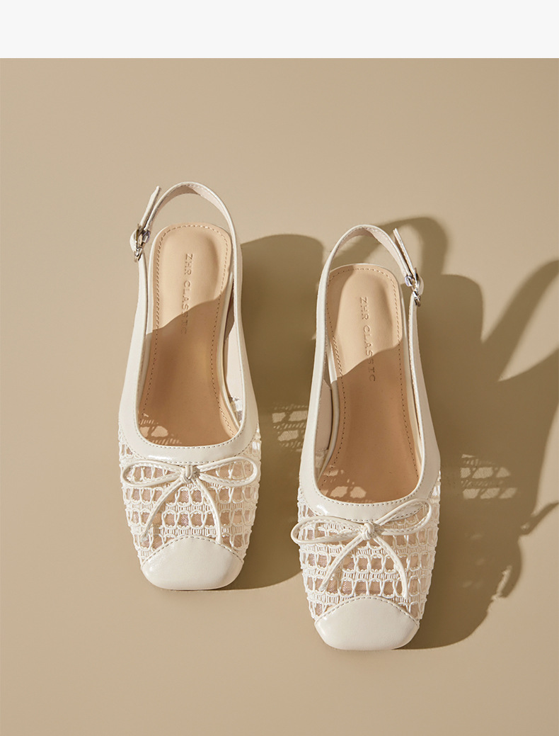 Sandal nữ mũi tròn quai ngang nơ bướm cổ điển, gót thấp thoáng khí — CV21 Bạc chi tiết 15